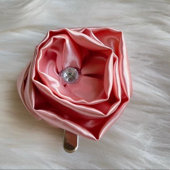 Pink Satin Flower Hair Clip With Rhinestone, Satin Flowers, Hair Clips - Picture 3 of 8